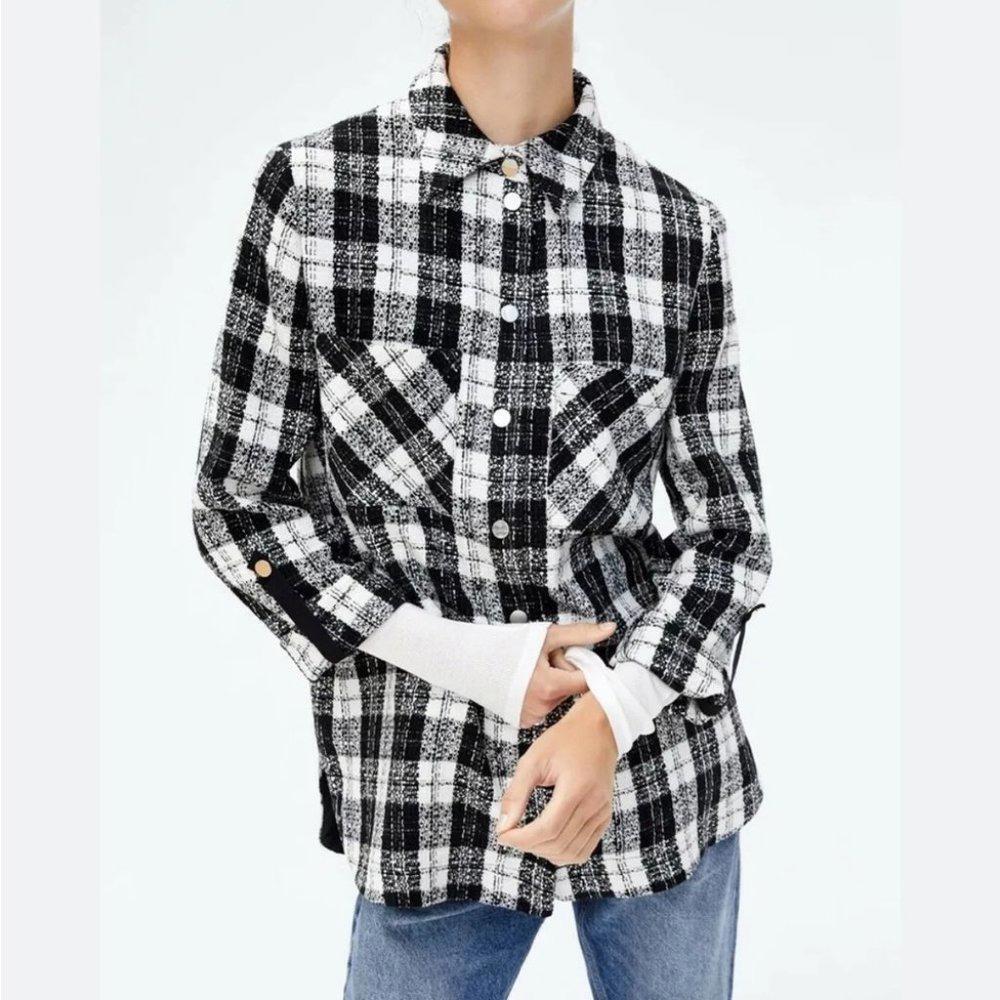Zara Basic Black And White Button Up Check Oversh… - image 1